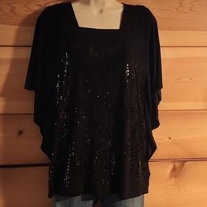 Dana Buchman Black Sequin Front Top Black Dolman Flutter Sleeves, Size S
